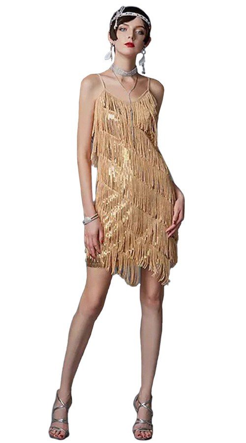 1920 Flapper Kjole Dame Guld Frynser Pailletter V-hals Gatsby Latin Dance Kjole Tango Samba Kostume