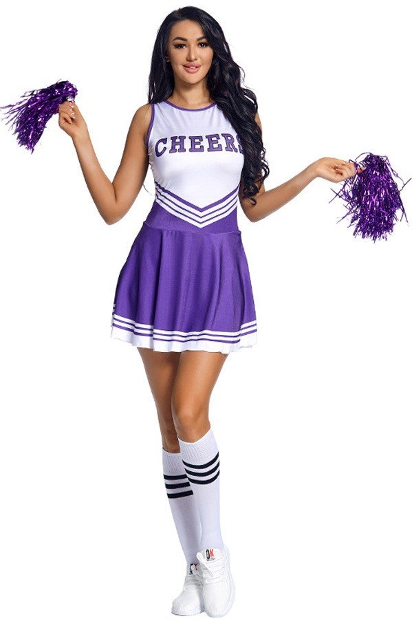 Frække Piger Lilla Cheerleader Kostume med Strømper og Pom Poms