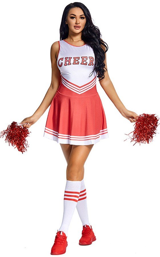 Frække Piger Rød Cheerleader Kostume med Strømper og Pom Poms