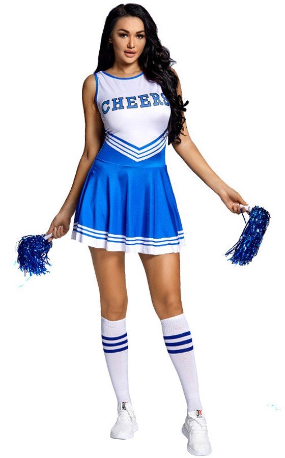 Frække Piger Blå Cheerleader Kostume med Strømper og Pom Poms