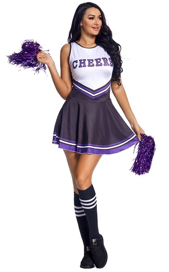 Frække Piger Sort Cheerleader Kostume med Strømper og Pom Poms