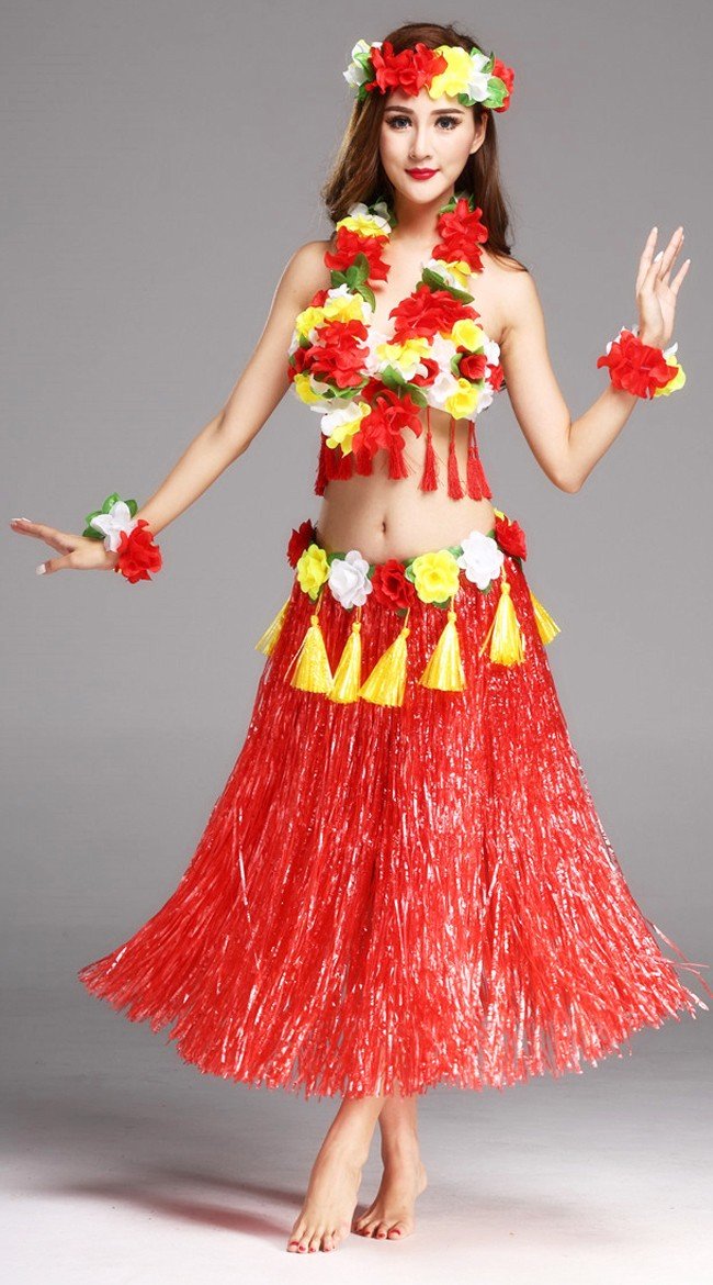 Hula Skørt Hawaii Kostume til Kvinder Rød Sæt 80cm