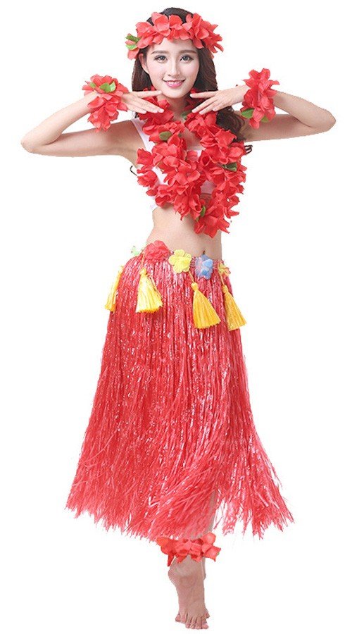 Hula Skørt Hawaii Kostume til Kvinder Rød Sæt 80cm