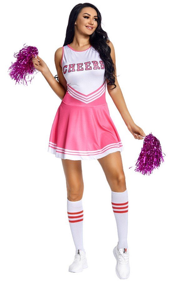 Frække Piger Rose Cheerleader Kostume med Strømper og Pom Poms