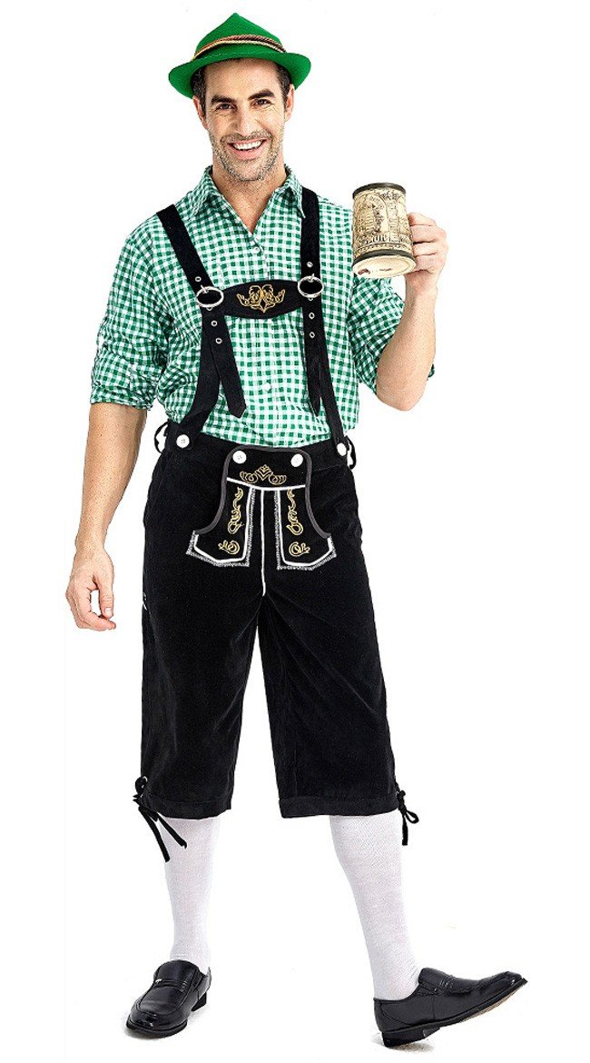 Tyrolerkostumer Traditionelle Bayernbukser Tyrolerskjorte Lederhosen Grøn Sort