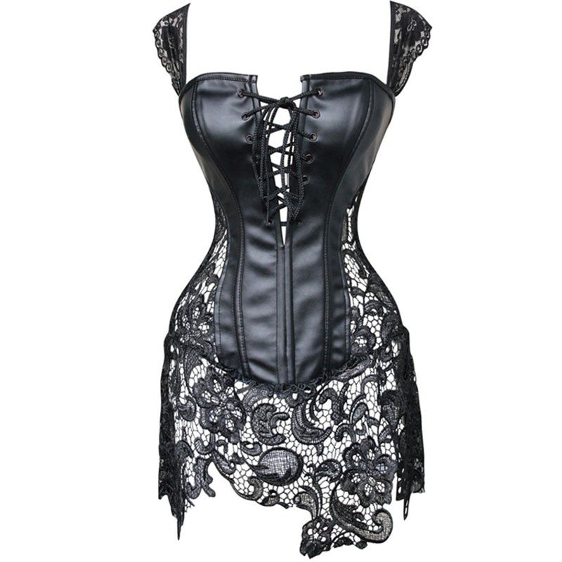 Gotisk Læder Former Taljen Korset Bustier Kjole Sort Corsage
