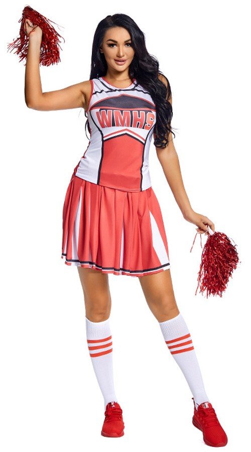 Rød Highschool Basketball Cheerleader Kostume med Strømper og Pom Poms