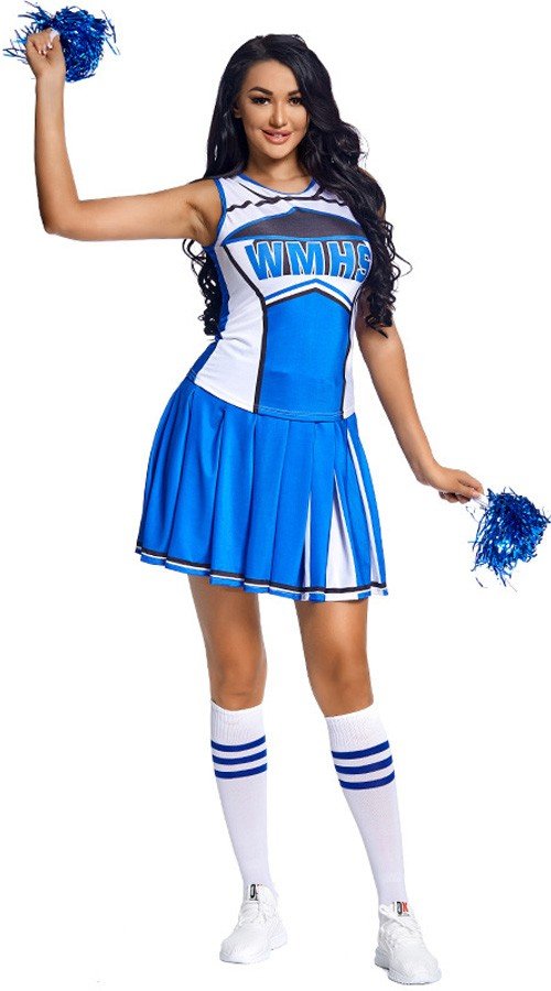 Blå Highschool Basketball Cheerleader Kostume med Strømper og Pom Poms