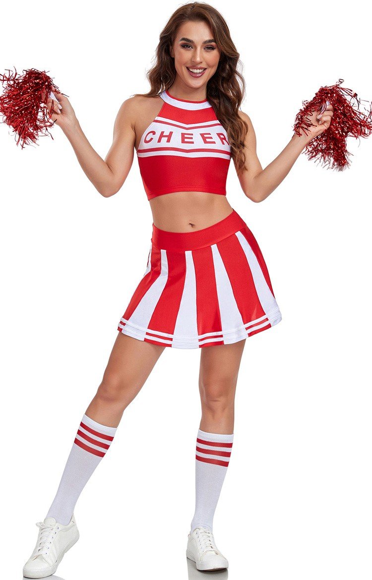 Rød Basketball Kostume Highschool Cheerleader Kostume med Strømper og Pom Poms