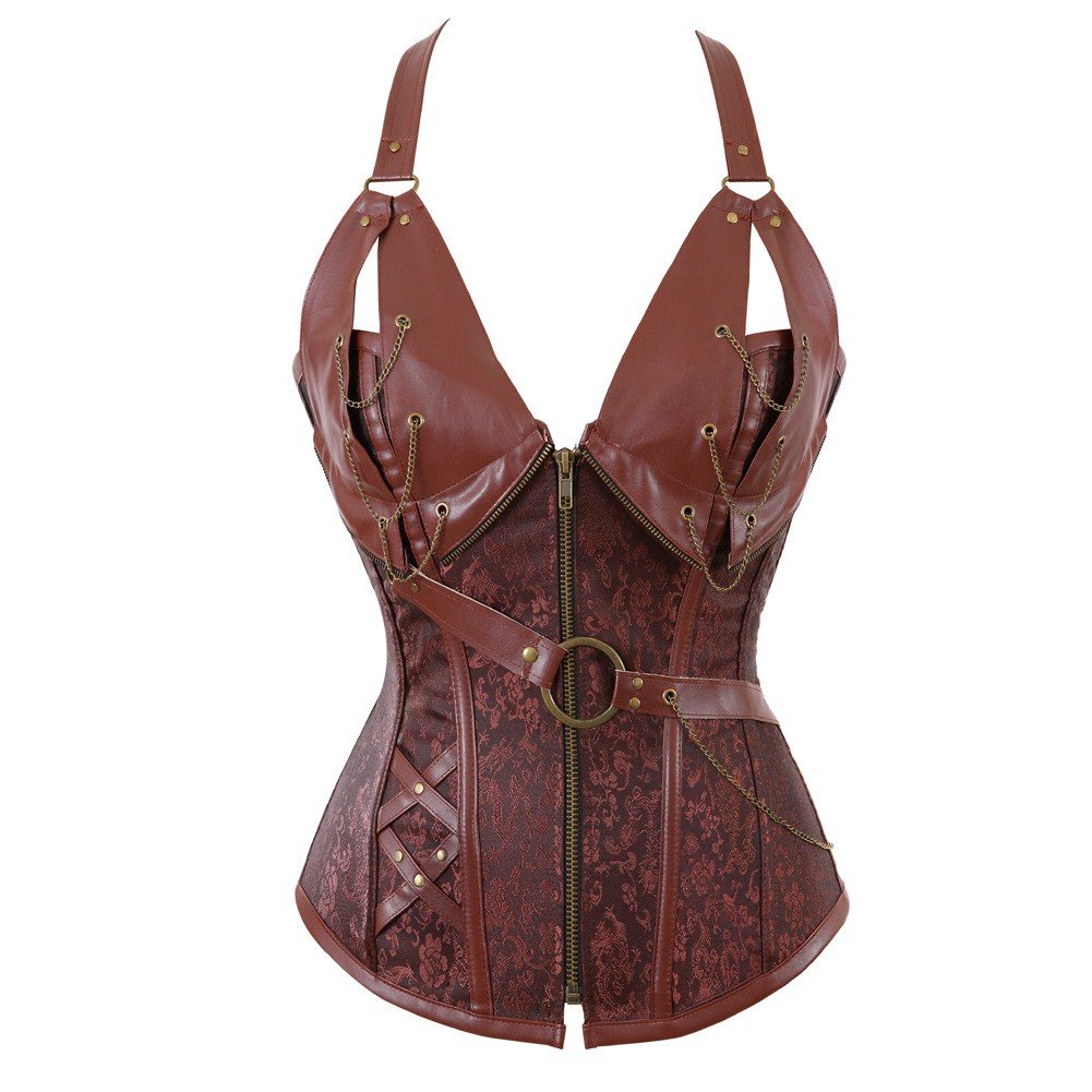 Halterneck Metal Steampunk Corsage Læder Korset Gotisk Dame Talje Vest Brun