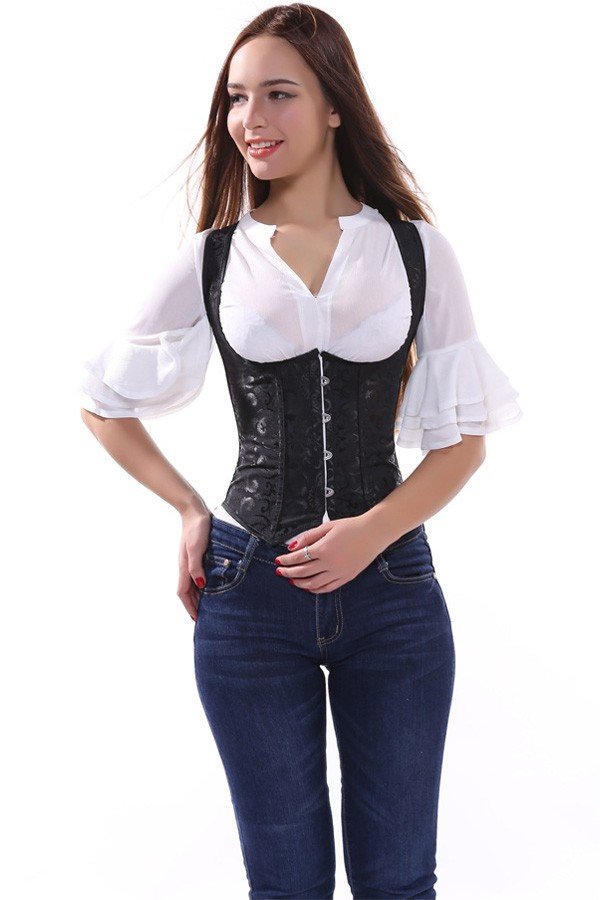 Mønstret Underbust Korset Sort Victoriansk Corsage Talje Træner Vest 4 Stålspænde