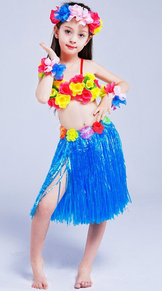 Hula Skørt til Børn Hawaii Kostume Blå Sæt 40cm