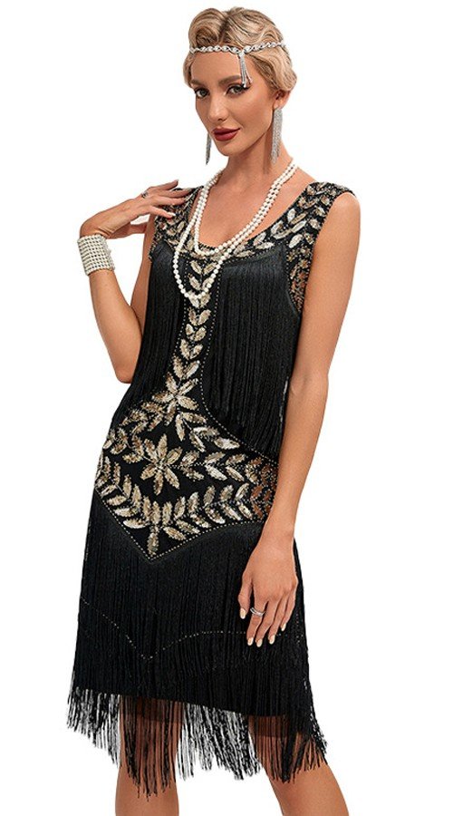 Dame 1920'er Flapper Kjole Sort Gatsby Pailletter Frynsede Vintage kostume Cocktailkjole