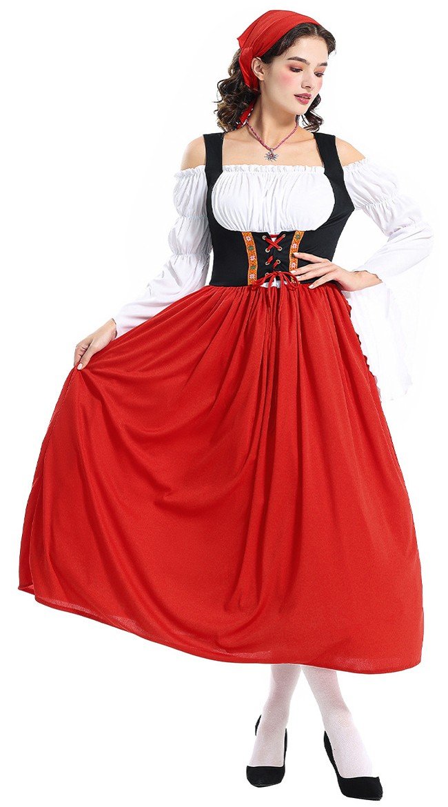 Miss Swiss Tyroler Kostume Rød Lang Oktoberfest Kjole Viktoriansk Stuepige Kostume