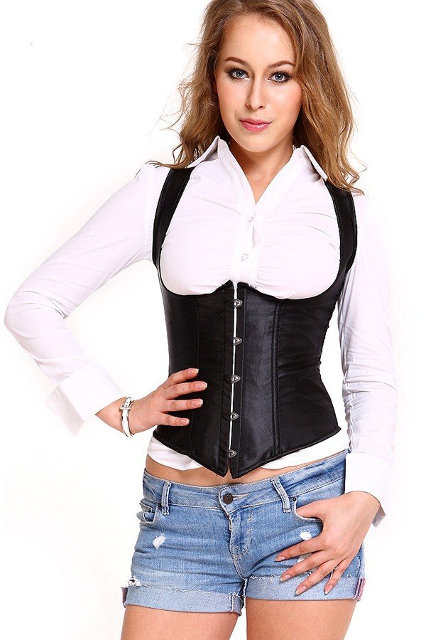 Satin Underbust Korset Sort Victoriansk Corsage Talje Træner Vest