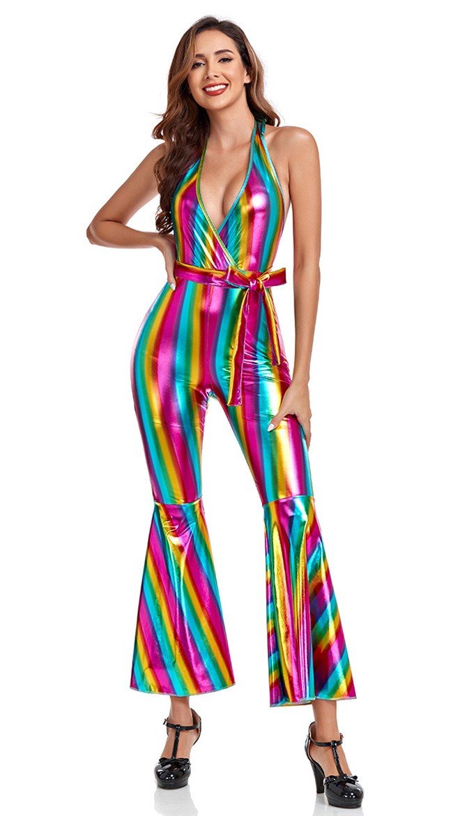 Dame 70'Er Disco Kostume Voksne Dancing Queen Kostume Regnbue Rave Dyb-V Hals Hippie Kostumer