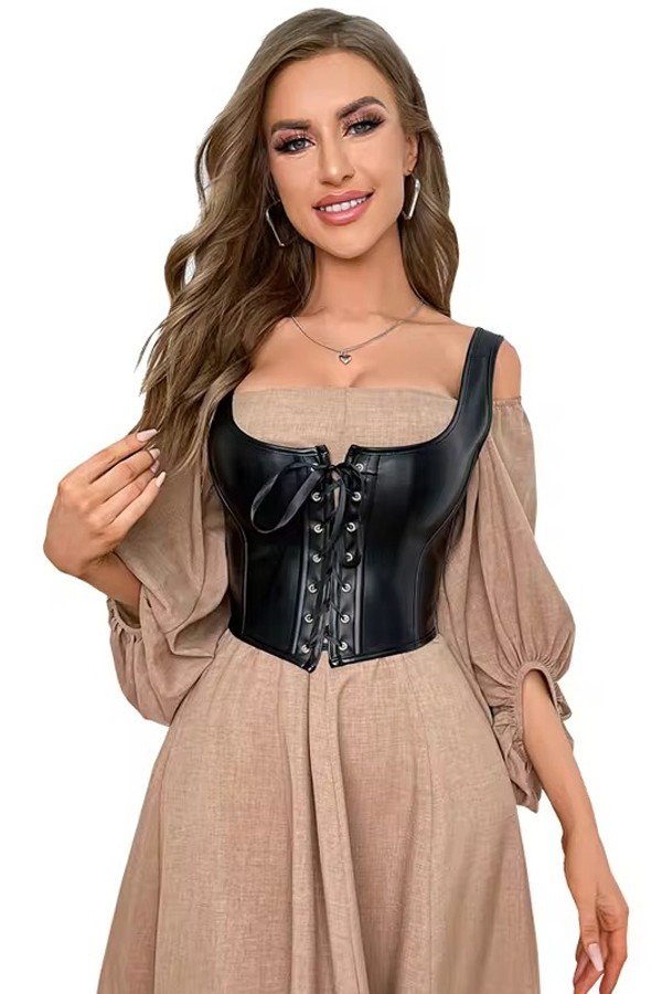 Sexet Læder Corsage Sort Vintage Underbust Blonde Korsettop Lingeri