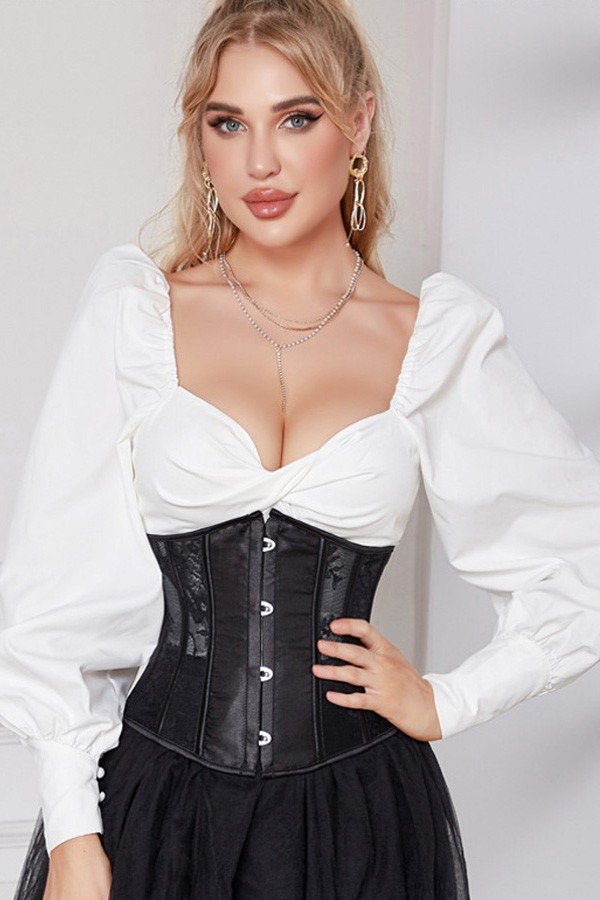 Mønstret Blonde Underbust Korset Sort Mesh Corsage Talje Træner
