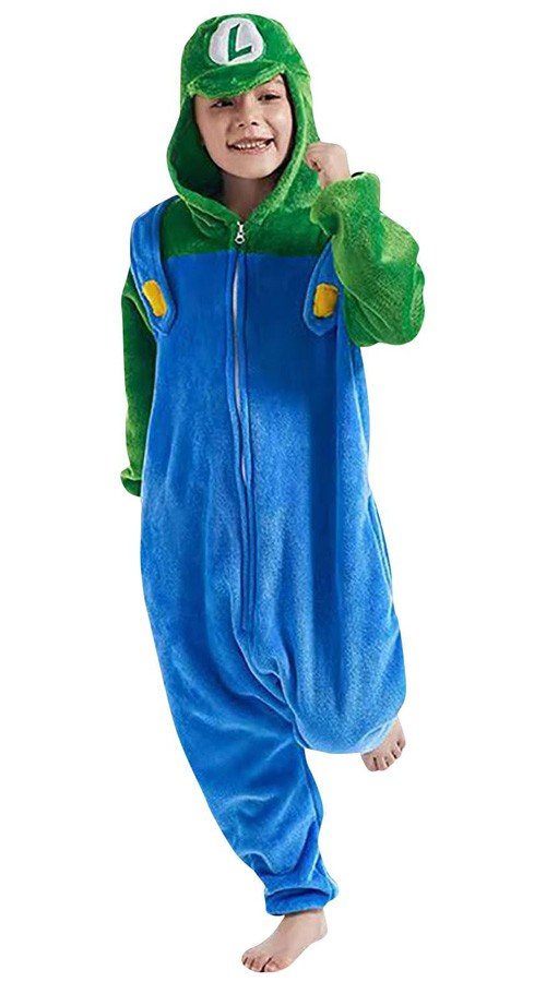 Luigi Kigurumi Super Mario Bros Luigi Kostume til Børn Pyjamaser Onesie Heldragt