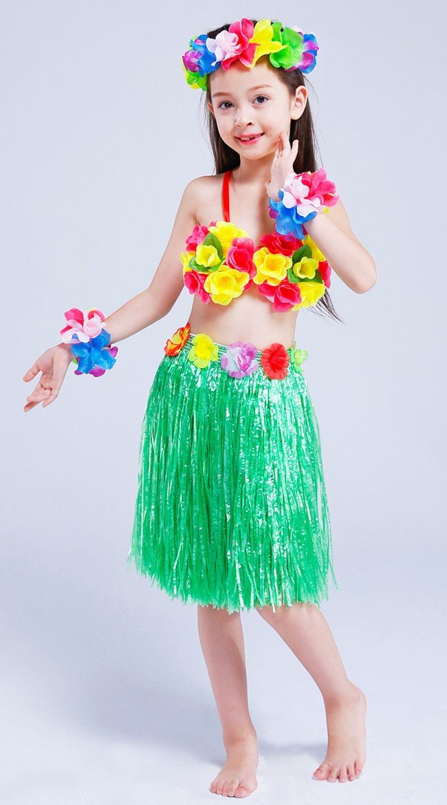Hula Skørt til Børn Hawaii Kostume Grøn Sæt 40cm