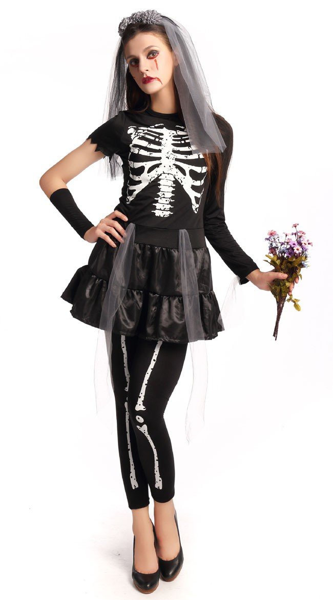 Flirty Halloween Skelet Brud Kostume