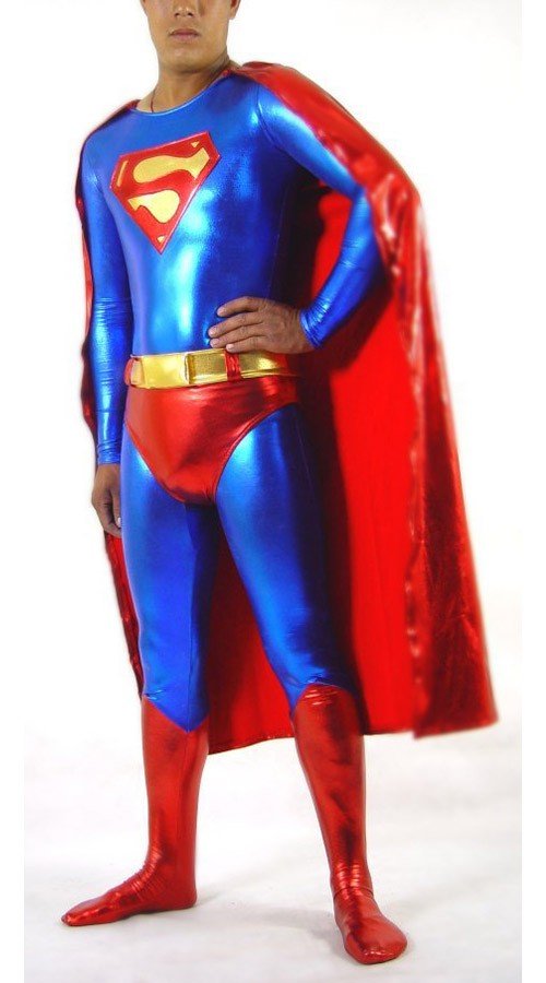 Skinnende Metallisk Superman Kostume Blå Og Rød