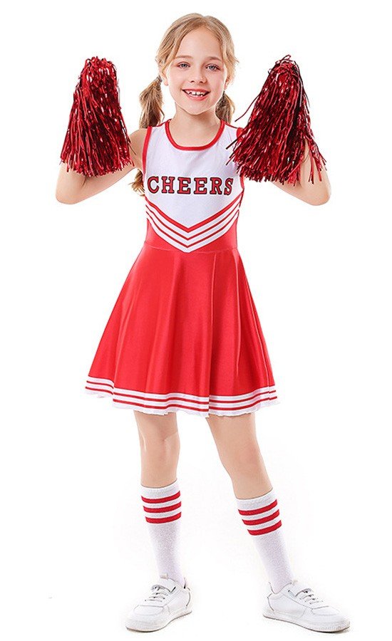 Rød Børn Cheerleader Kostume med Sokker og Pom Poms