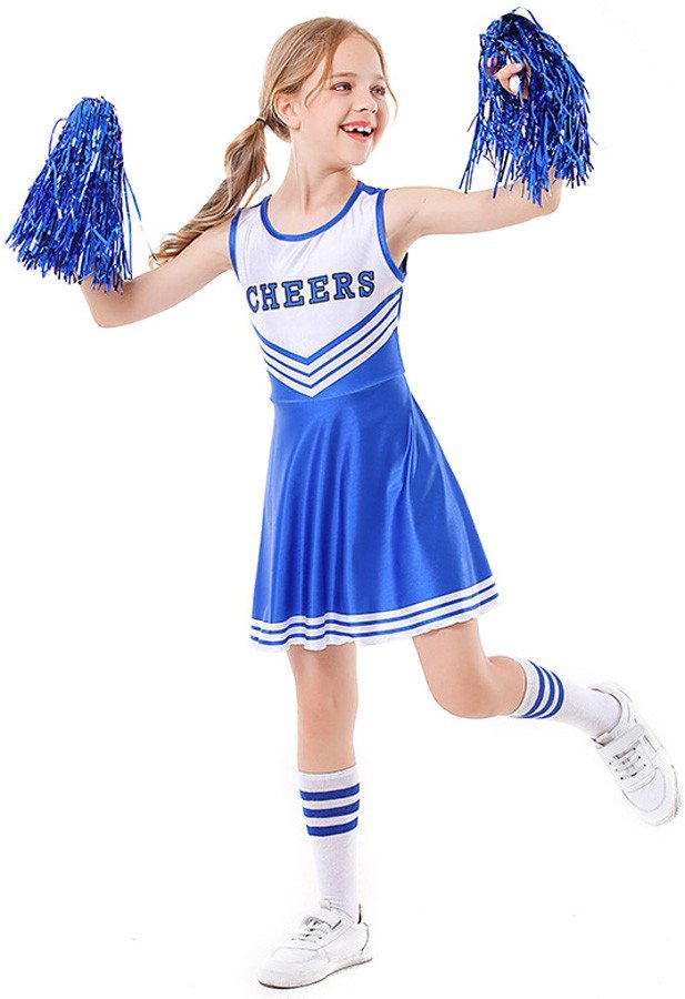 Blå Børn Cheerleader Kostume med Sokker og Pom Poms