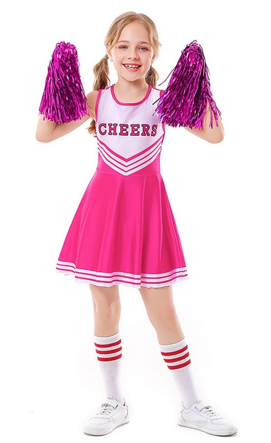 Lyserød Børn Cheerleader Kostume med Sokker og Pom Poms
