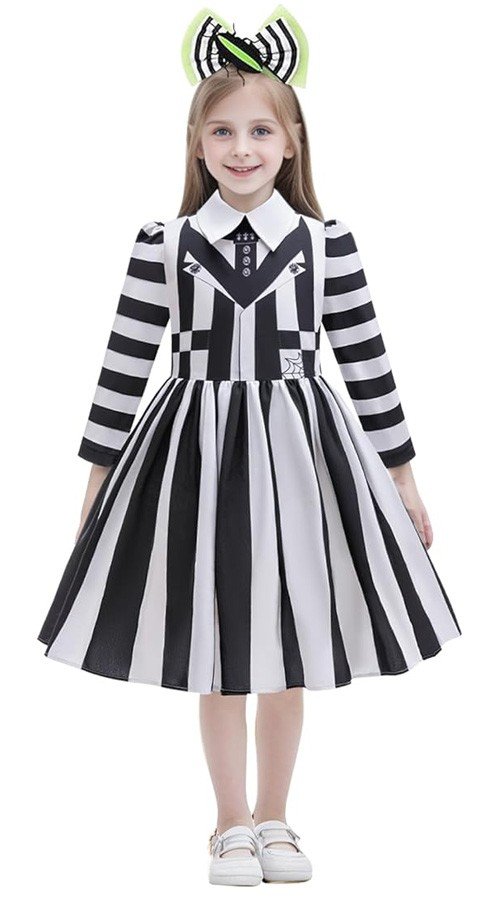 Beetlejuice 2 Kostume til Børn Sort Hvid Stribet Kjole