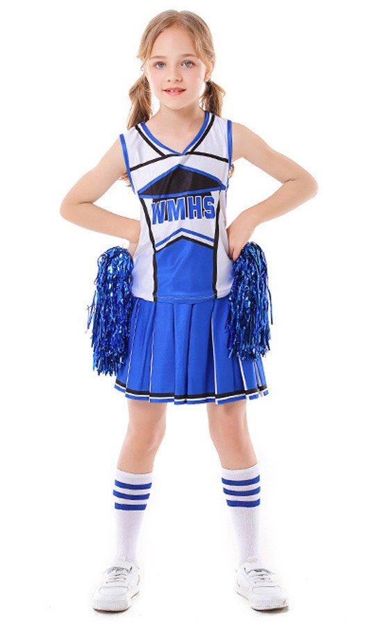 Blå Børn Basketball Cheerleader Kostume med Sokker og Pom Poms