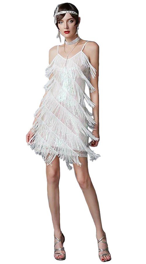 1920 Flapper Kjole Dame Hvid Frynser Pailletter V-hals Gatsby Latin Dance Kjole Tango Samba Kostume