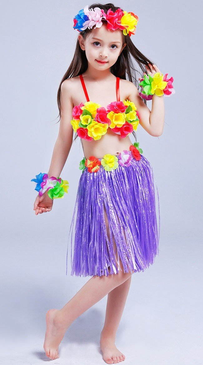 Hula Skørt til Børn Hawaii Kostume Lilla Sæt 40cm