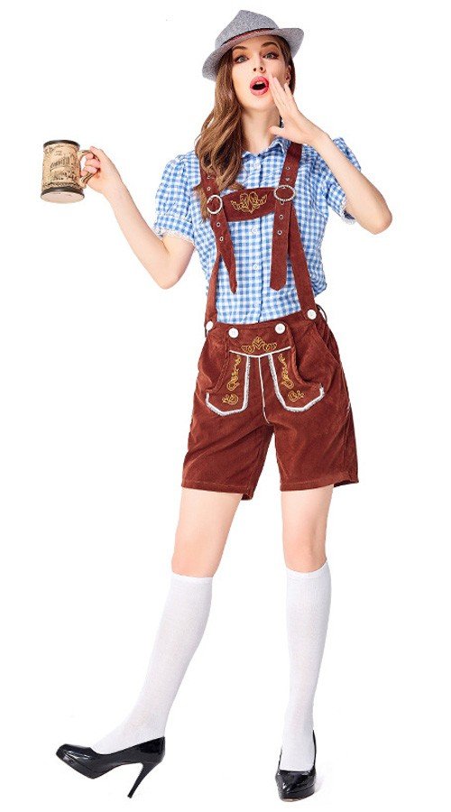 Traditionelle Tyroler Lederhosen Kostume til Kvinder Oktoberfesttøj Blå Brun