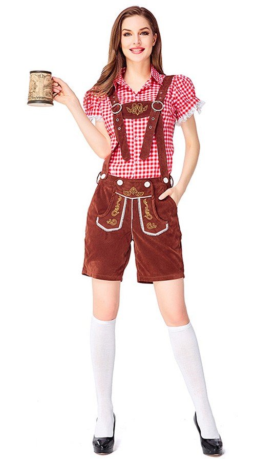 Traditionelle Oktoberfest Lederhosen Kostume til Kvinder Tyrolertøj Rød Brun