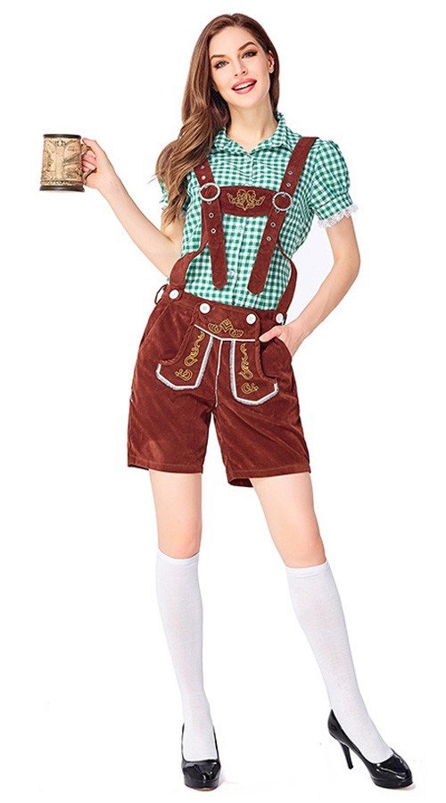 Traditionelle Oktoberfest Lederhosen Kostume til Kvinder Tyrolertøj Grøn Brun