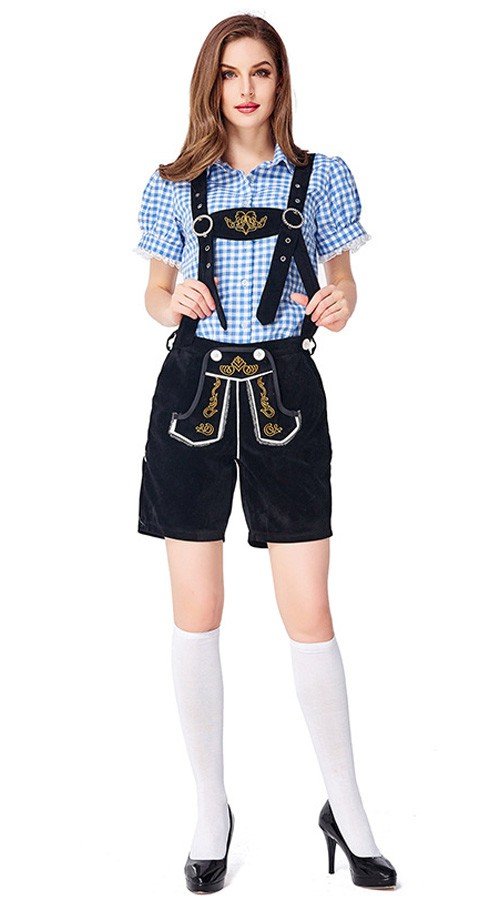Traditionelle Oktoberfest Lederhosen Kostume til Kvinder Tyrolertøj Blå Sort