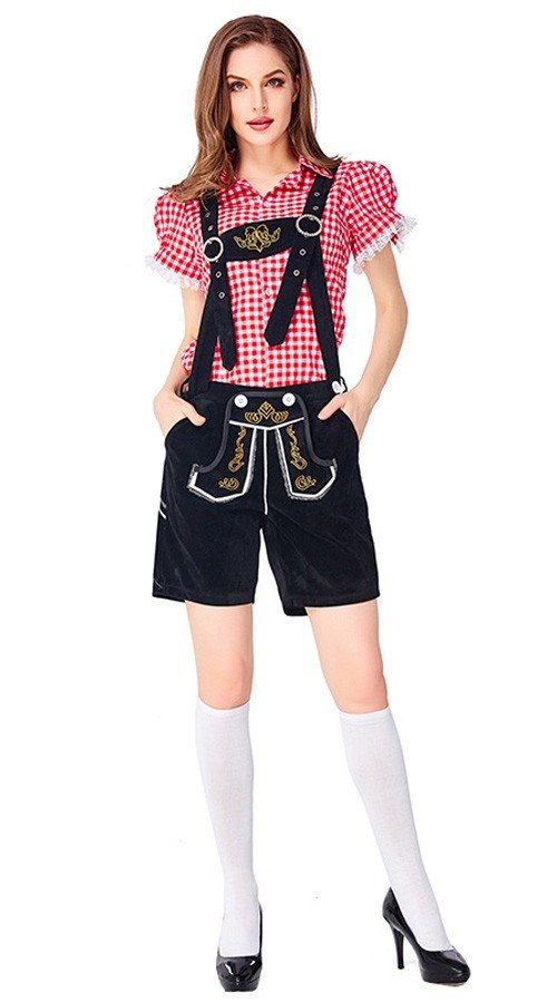 Traditionelle Oktoberfest Lederhosen Kostume til Kvinder Tyrolertøj Rød Sort