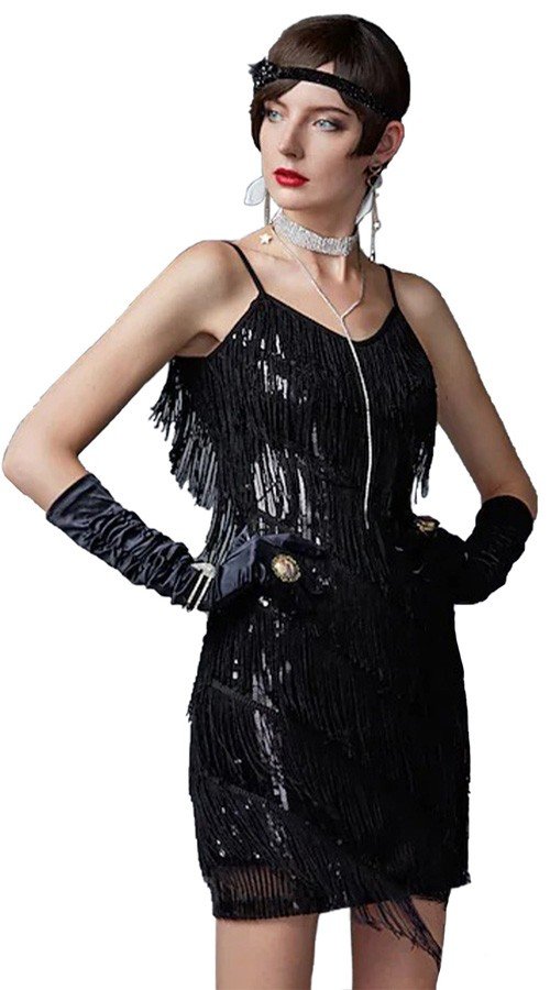 1920 Flapper Kjole Dame Sort Frynser Pailletter V-hals Gatsby Latin Dance Kjole Tango Samba Kostume