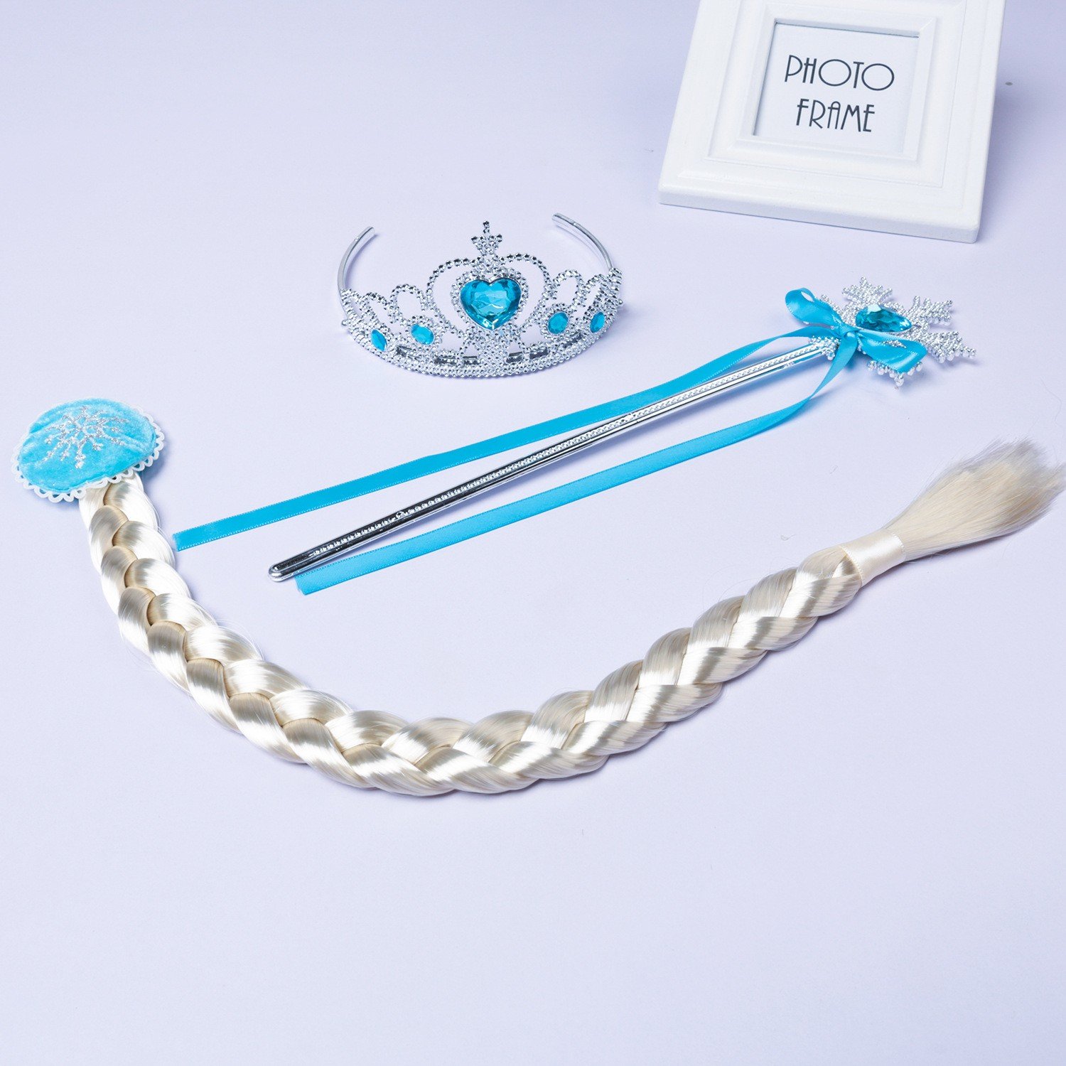 Børn Frozen Elsa Prinsesse Tilbehør Flettet Parykhår Tryllestav Krone