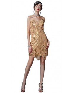 1920 Flapper Kjole Dame Guld Frynser Pailletter V-hals Gatsby Latin Dance Kjole Tango Samba Kostume
