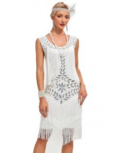 Dame 1920'er Flapper Kjole Hvid Gatsby Pailletter Frynsede Vintage Kjole Cocktailkjole Charlston Kostume