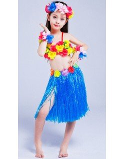 Hula Skørt til Børn Hawaii Kostume Blå Sæt 40cm