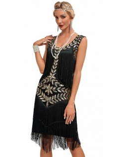 Dame 1920'er Flapper Kjole Sort Gatsby Pailletter Frynsede Vintage kostume Cocktailkjole