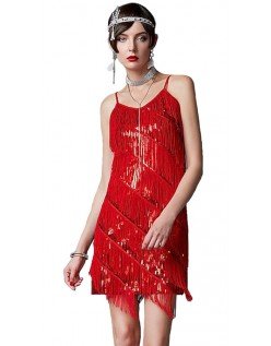 1920 Flapper Kjole Dame Røde Frynser Pailletter V-hals Gatsby Latin Dance Kjole Tango Samba Kostume