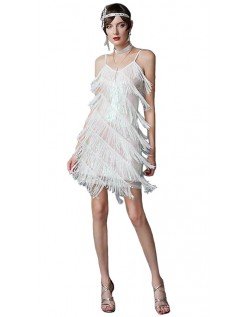1920 Flapper Kjole Dame Hvid Frynser Pailletter V-hals Gatsby Latin Dance Kjole Tango Samba Kostume